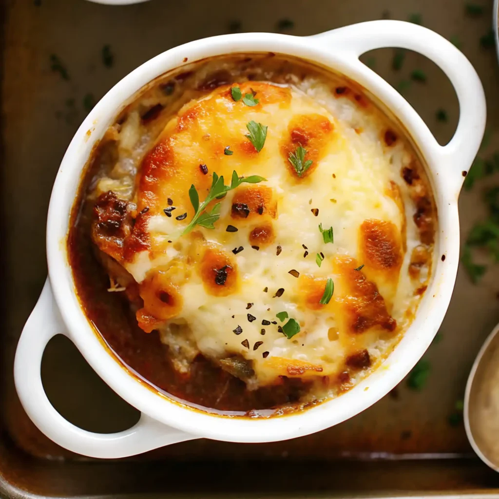 Easy French onion soup topped with toasted bread and melted golden cheese in a white ramekin.