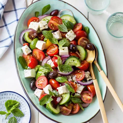 Fresh Greek salad with cherry tomatoes, cucumber, feta, Kalamata olives, and basil served in a turquoise platter with wooden utensils