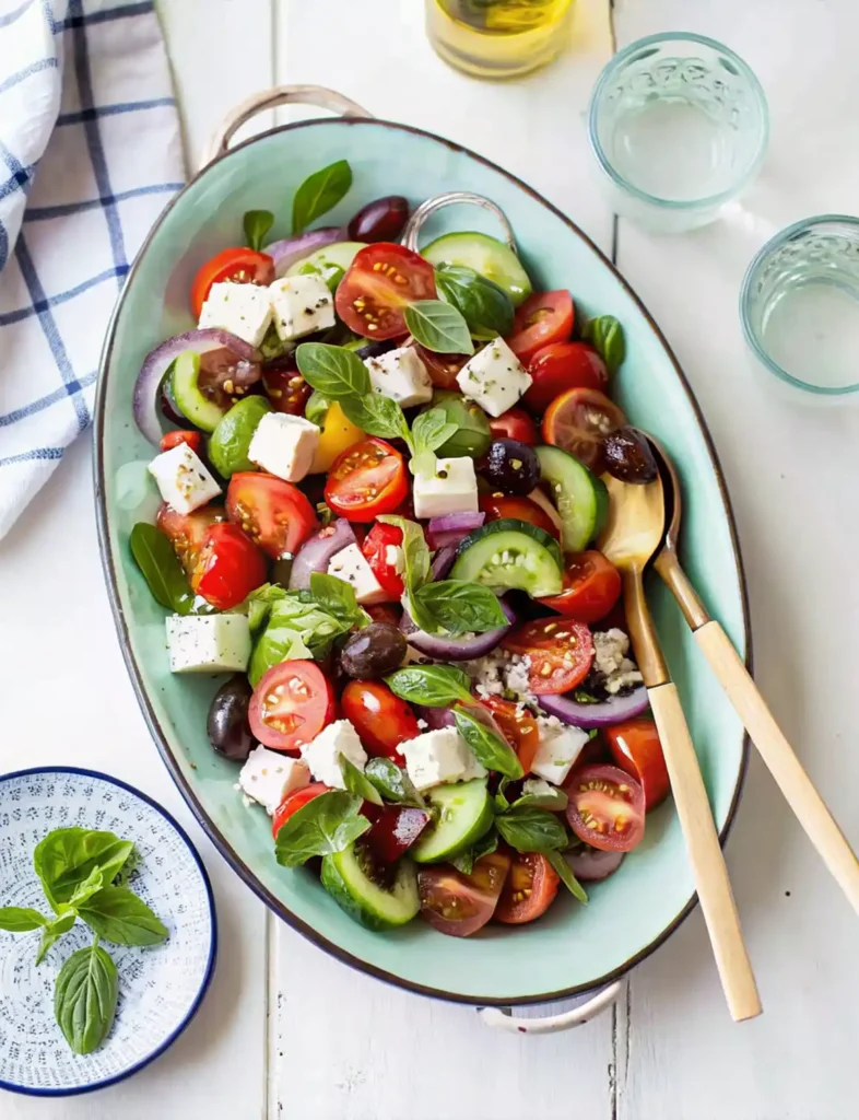 Fresh Greek salad with cherry tomatoes, cucumber, feta, Kalamata olives, and basil served in a turquoise platter with wooden utensils