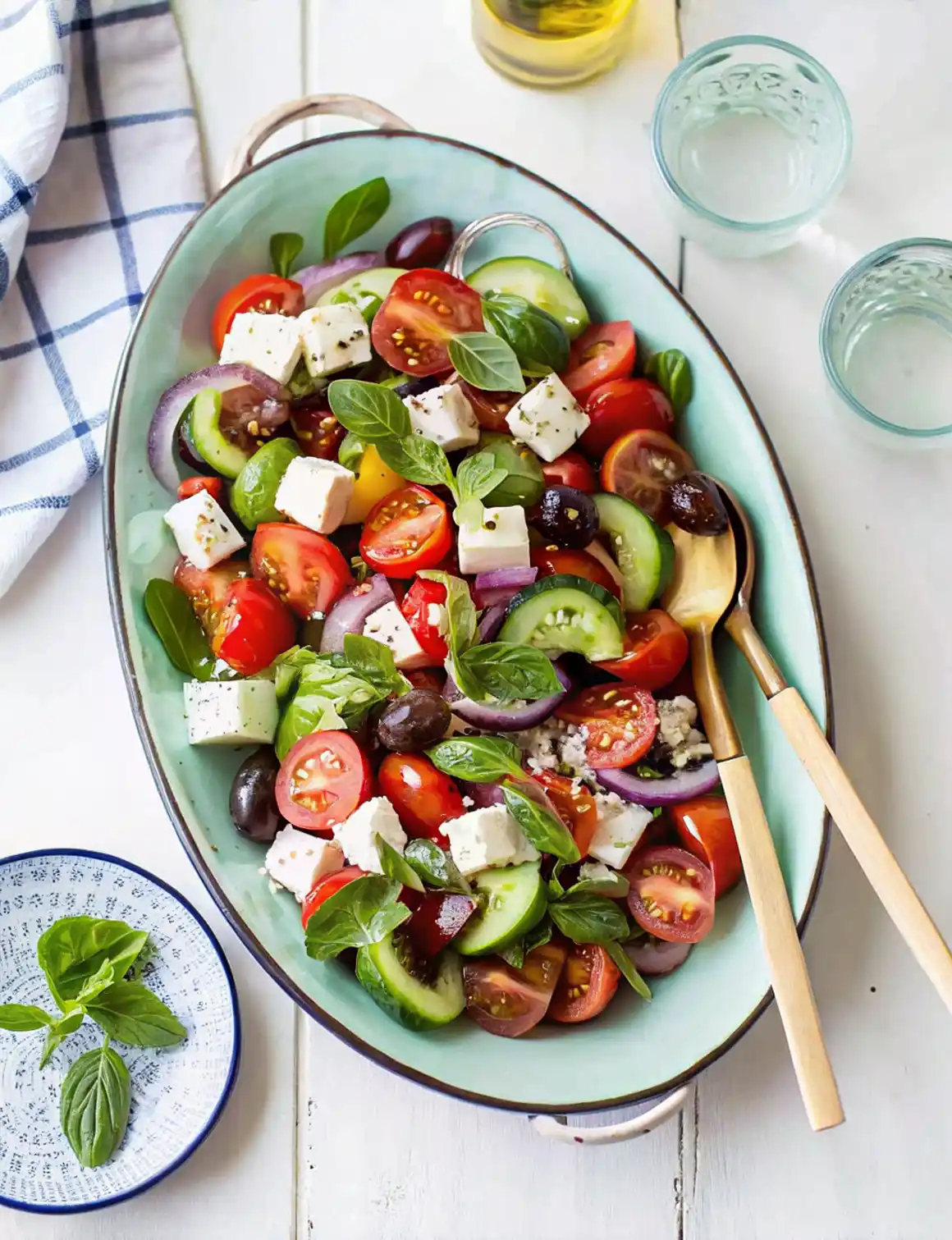 Fresh Greek salad with cherry tomatoes, cucumber, feta, Kalamata olives, and basil served in a turquoise platter with wooden utensils