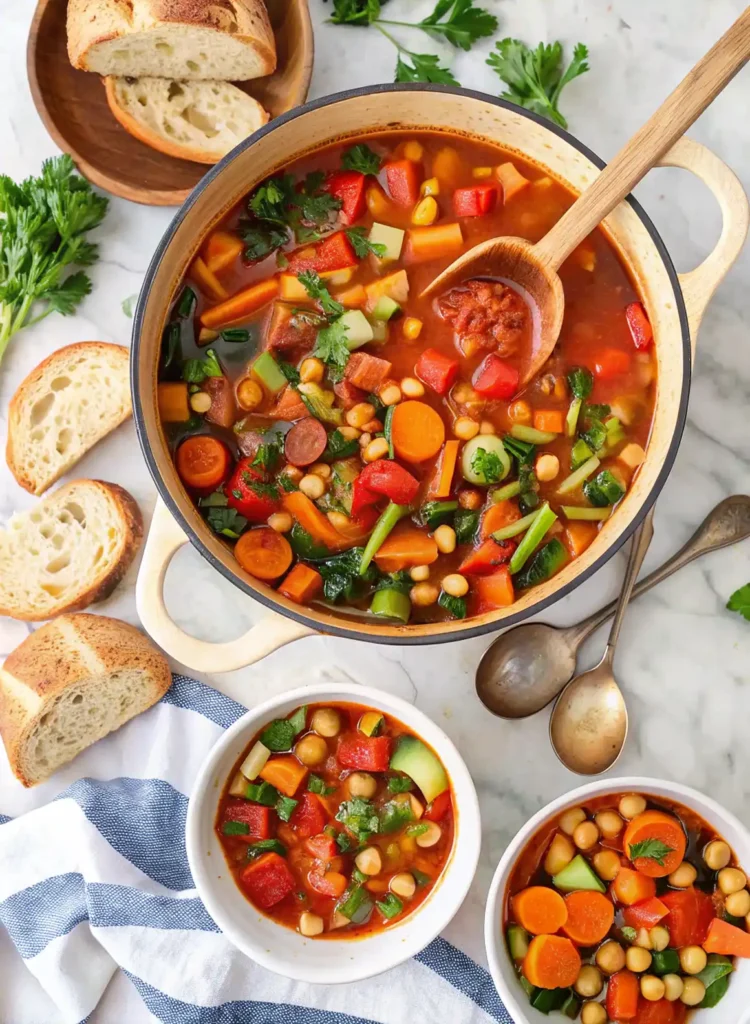 Large pot of vegetable soup with carrots, tomatoes, chickpeas, zucchini, and greens, with two bowls of soup and sliced bread on a marble surface.