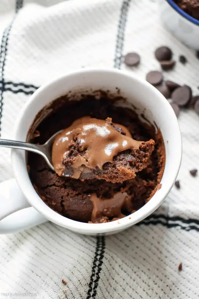 Spoon lifting a gooey chocolate mug cake from a white mug on a textured cloth.