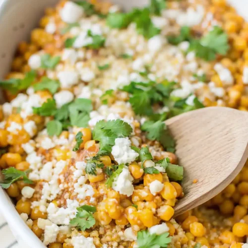 Elote off the cob topped with Cotija cheese and fresh cilantro in a white serving dish with a wooden spoon.