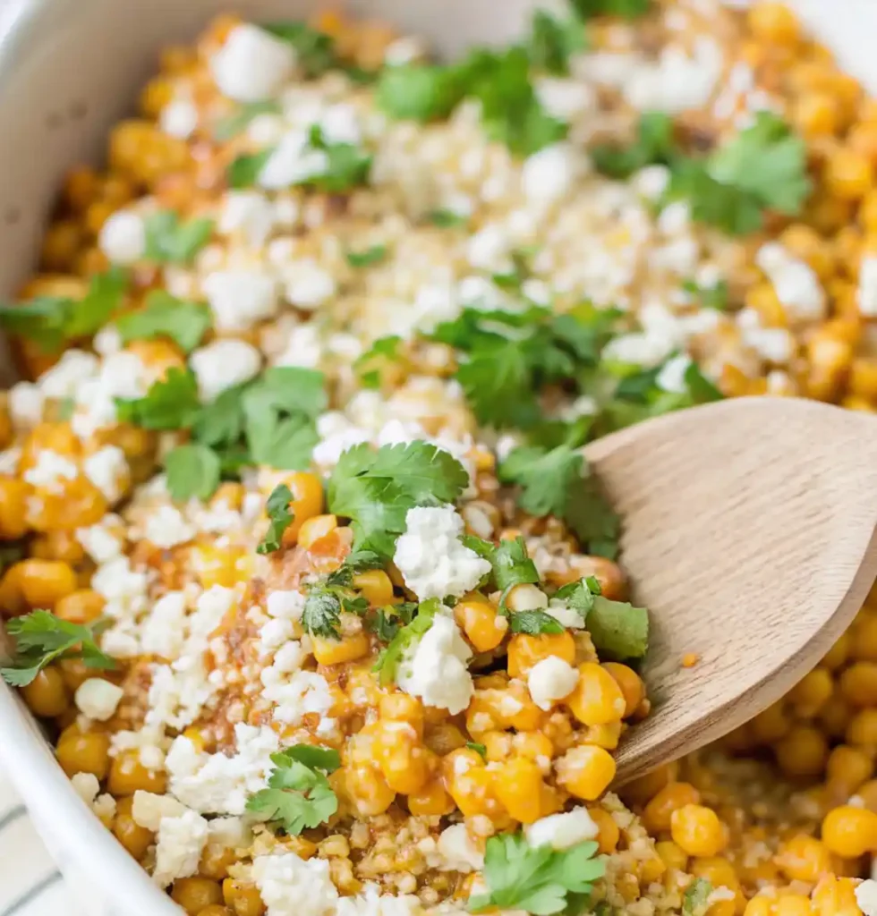 Elote off the cob topped with Cotija cheese and fresh cilantro in a white serving dish with a wooden spoon.
