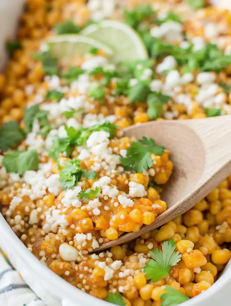 Mexican esquites served in a white dish, topped with crumbled cheese, chopped cilantro, and lime wedges, with a wooden spoon scooping a portion.