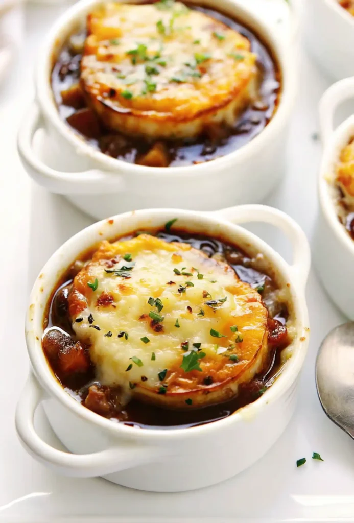 French onion soup in white ramekins, topped with toasted bread and melted cheese, garnished with parsley.