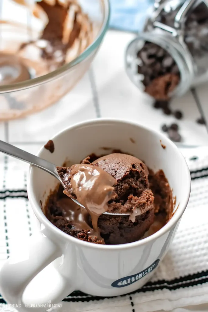 Fudgy chocolate mug cake with a spoon lifting a gooey melted chocolate bite from a white mug.