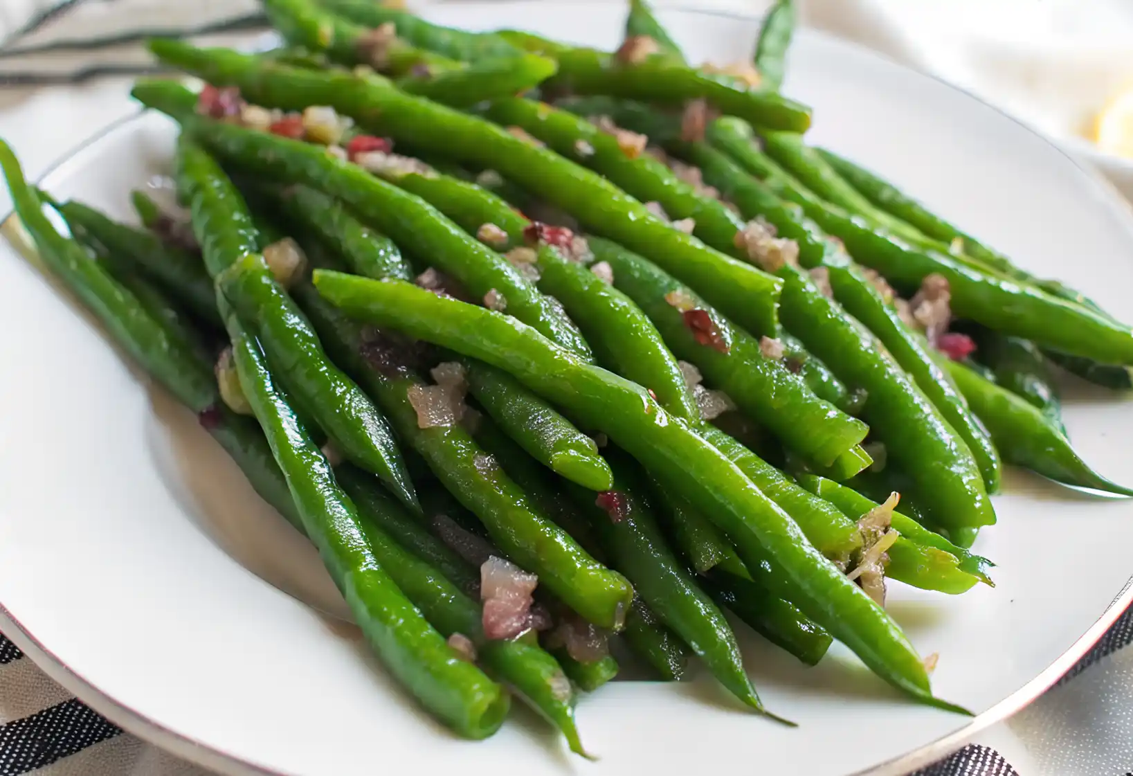 Bright green sautéed green beans topped with finely minced garlic on a white plate.