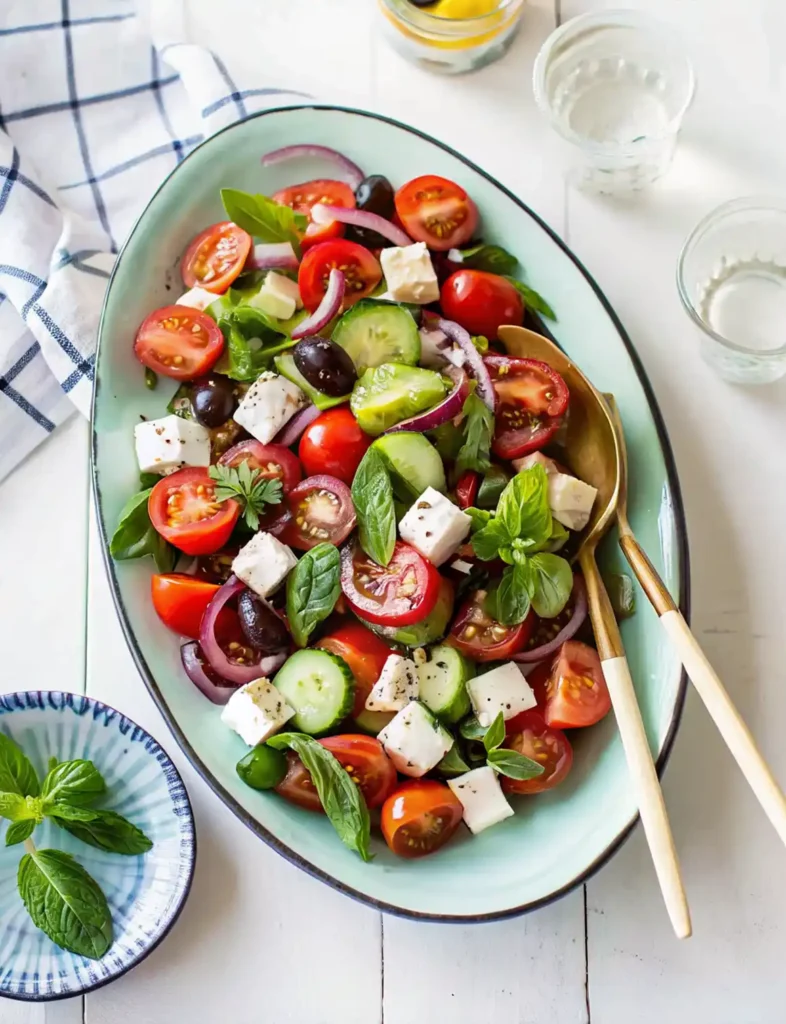 Greek salad ingredients including tomatoes, cucumber, feta, red onion, olives, fresh herbs, and dressing laid out on a white surface