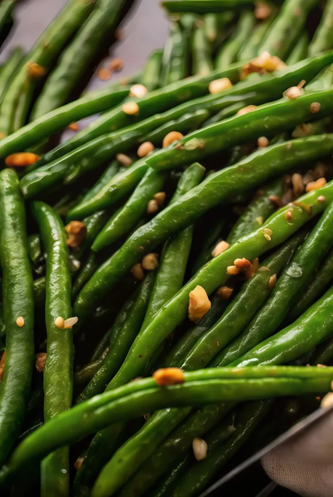 Close-up of sautéed green beans coated with garlic pieces.