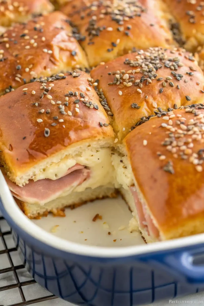 Baked Hawaiian roll sliders with ham and melted cheese topped with sesame and poppy seeds in a blue baking dish