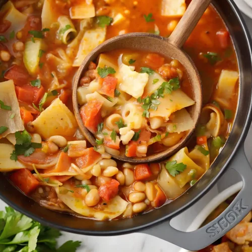 Hearty cabbage soup with pasta and white beans in a black Dutch oven, topped with chopped parsley and served with a wooden ladle.