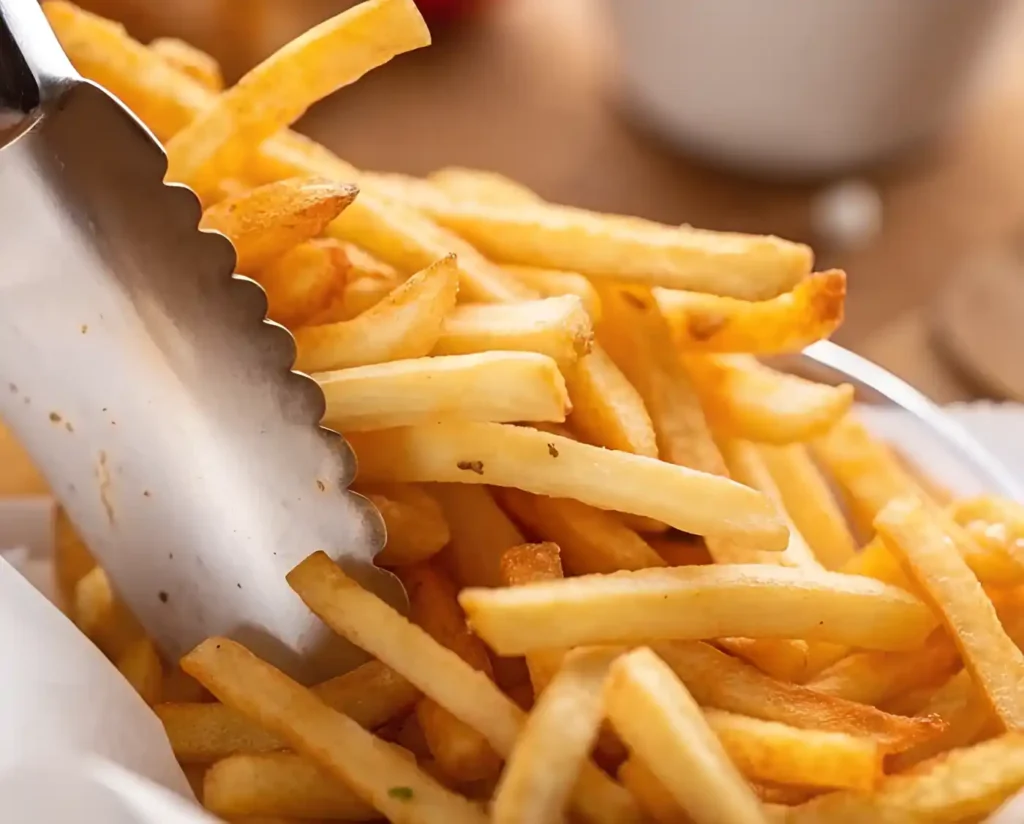 Golden homemade French fries being served with metal tongs in a white-lined bowl.