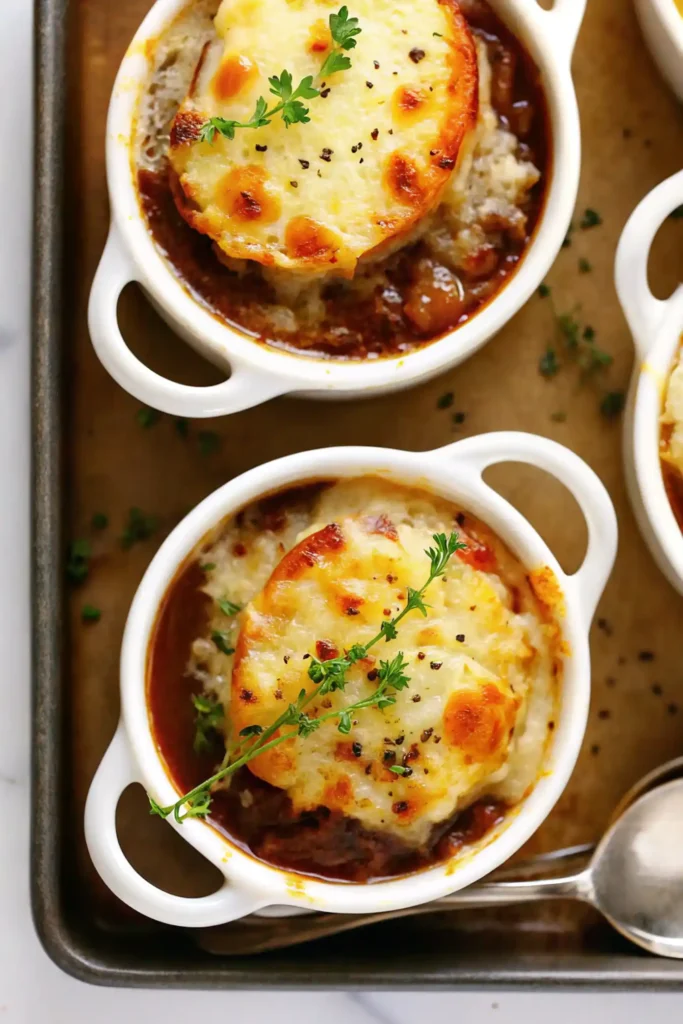 Homemade French onion soup in white ramekins, topped with toasted bread, melted cheese, black pepper, and fresh parsley.