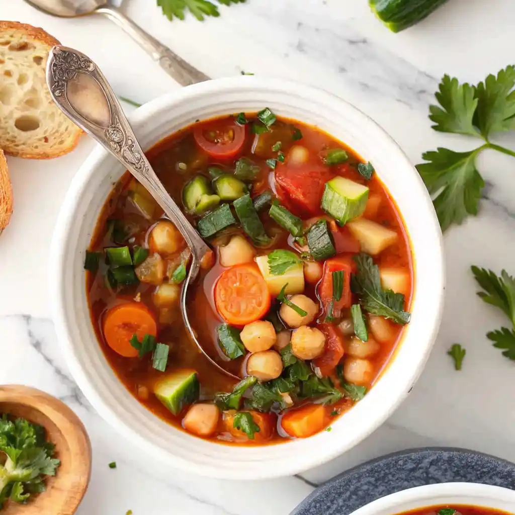 Bowl of homemade vegetable soup with chickpeas, carrots, zucchini, cherry tomatoes, and herbs, served with a spoon and crusty bread.