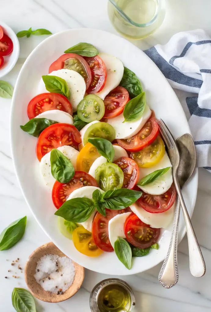 Caprese Salad with sliced tomatoes, fresh mozzarella, and basil on a white platter.