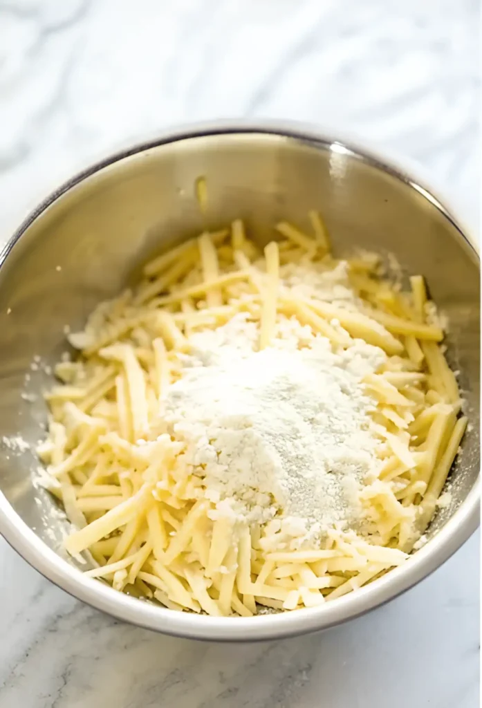 Shredded cheese in a stainless steel bowl topped with a mound of white cornflour for making queso dip.