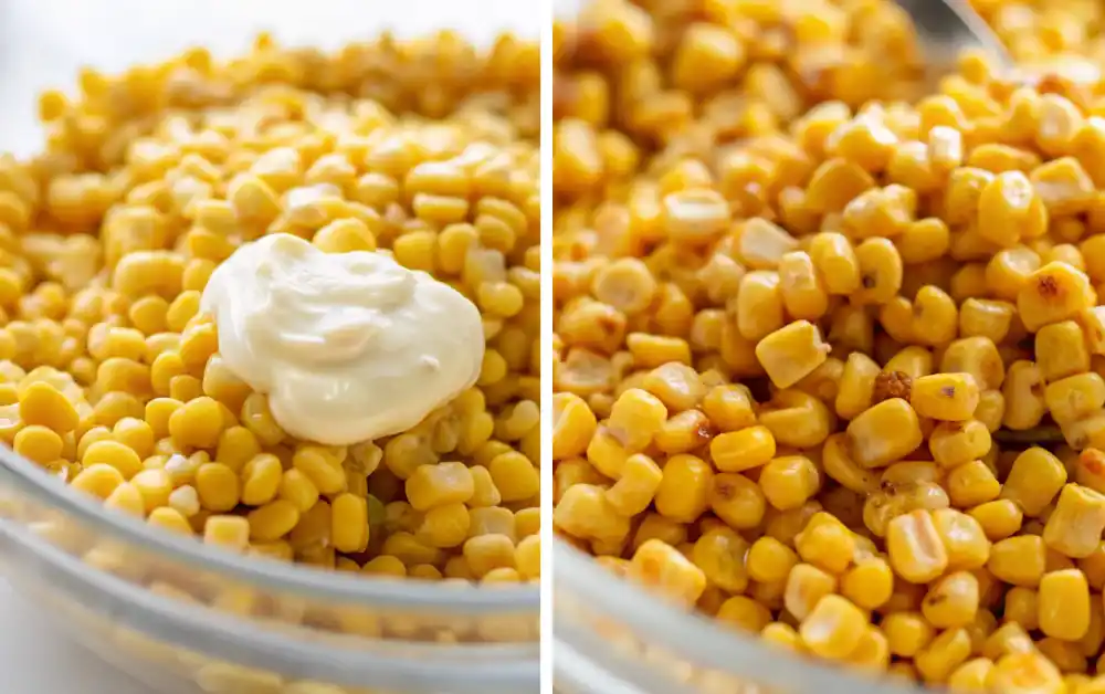 Side-by-side images showing corn in a glass bowl with mayonnaise on the left, and the fully mixed and roasted corn on the right.