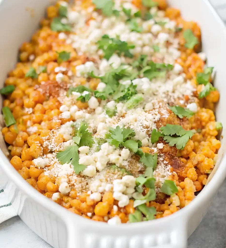 Baked Mexican street corn in a white dish, topped with Cotija cheese, chili powder, and fresh cilantro for a flavorful and colorful presentation.