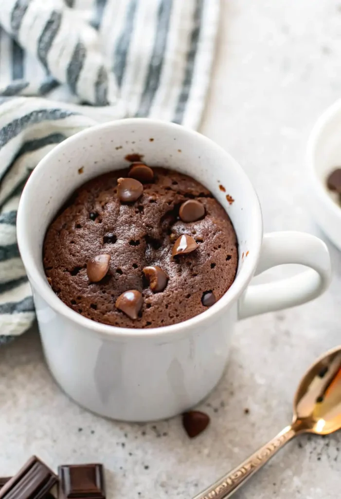 Chocolate mug cake in a white mug topped with melted chocolate chips on a light countertop.