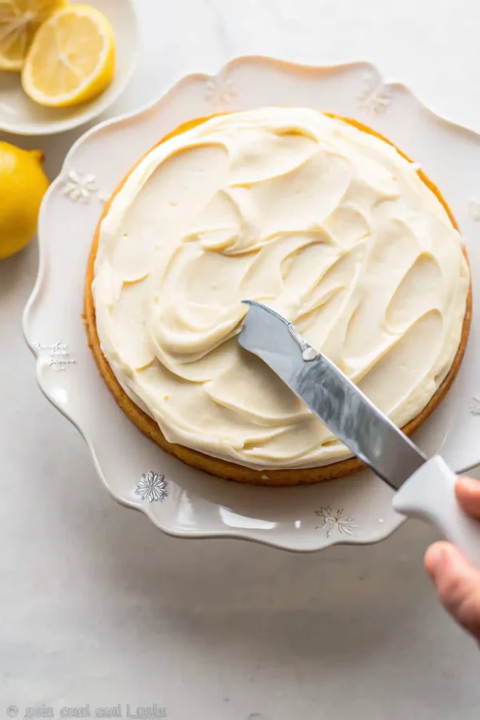 Frosting being spread over a lemon cake layer with an offset spatula.