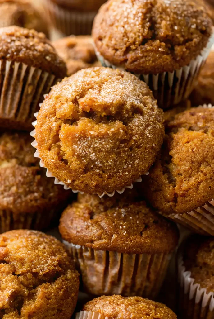 Close-up of moist pumpkin muffins stacked together with sugar-crusted tops