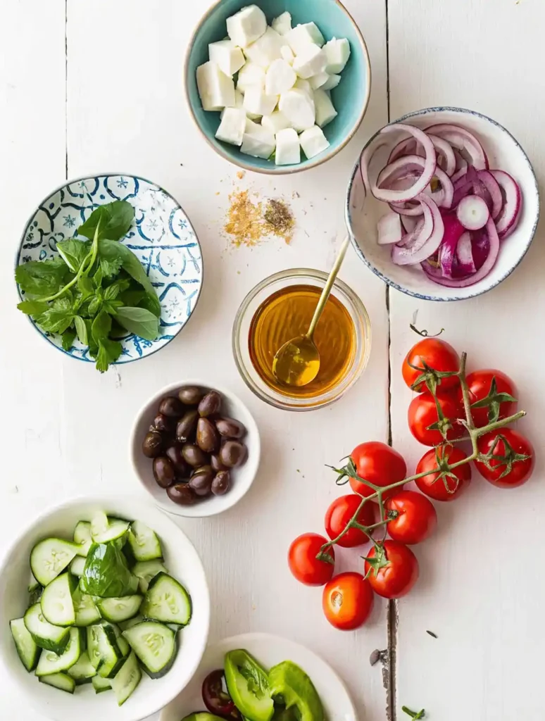 Greek salad ingredients including tomatoes, cucumber, feta, red onion, olives, fresh herbs, and dressing laid out on a white surface