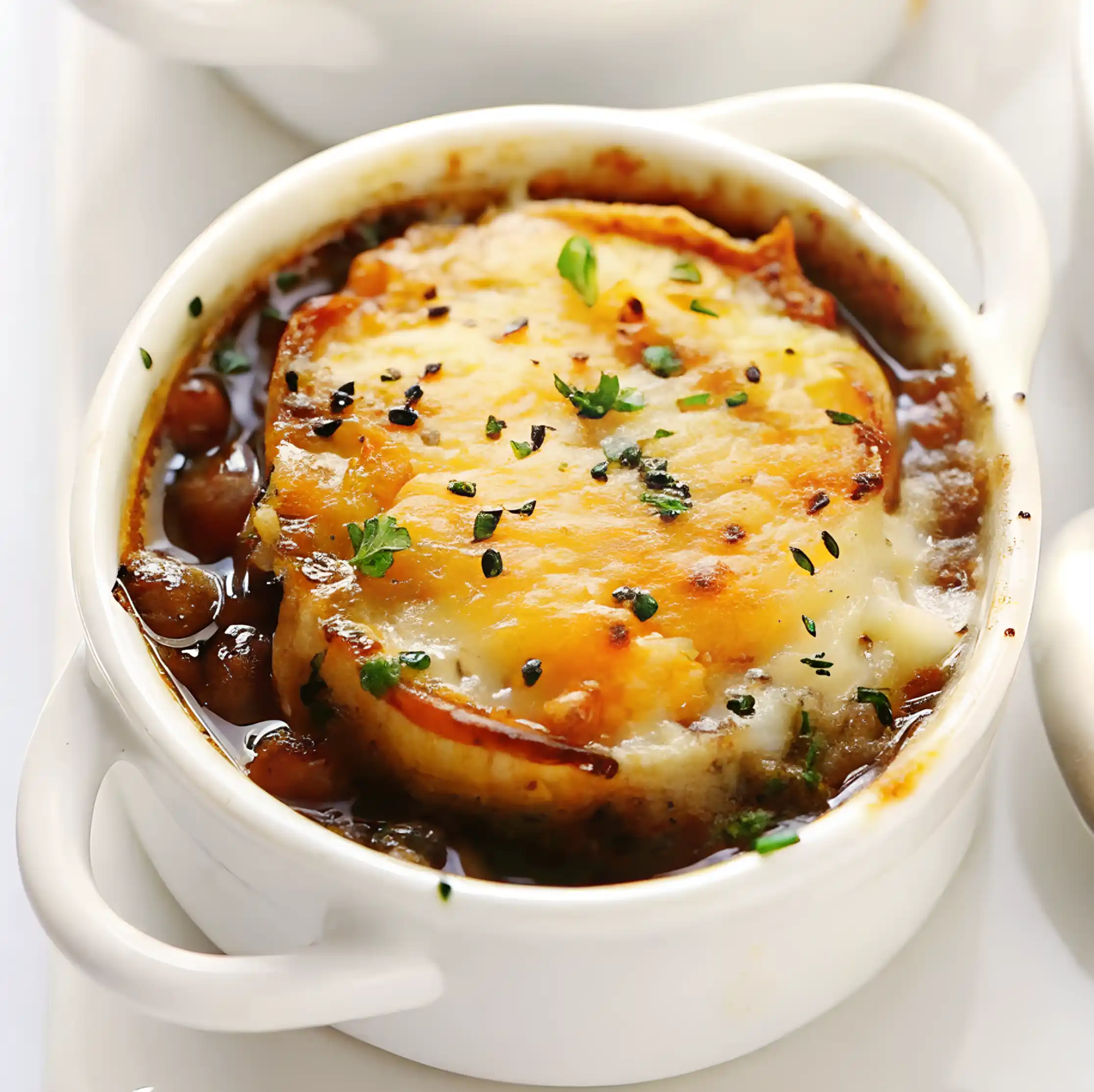 No wine French onion soup topped with golden melted cheese and herbs in a white ramekin.