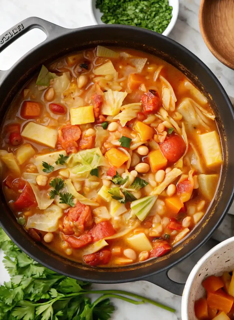 One pot cabbage soup with tomatoes, beans, potatoes, and herbs in a black Dutch oven, garnished with fresh parsley.