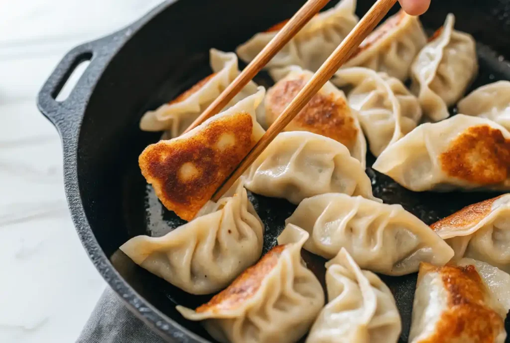Chopsticks lifting a pan-fried dumpling with golden crispy bottom from a cast iron skillet.