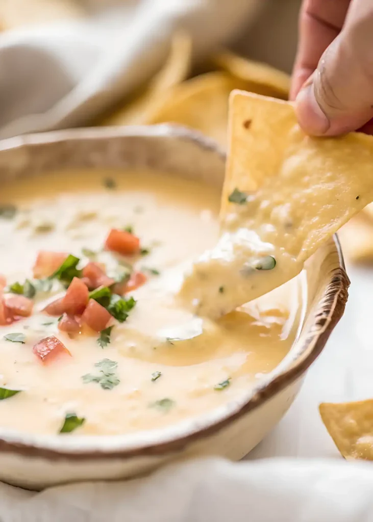 Hand dipping a tortilla chip into creamy queso dip topped with tomatoes and cilantro.