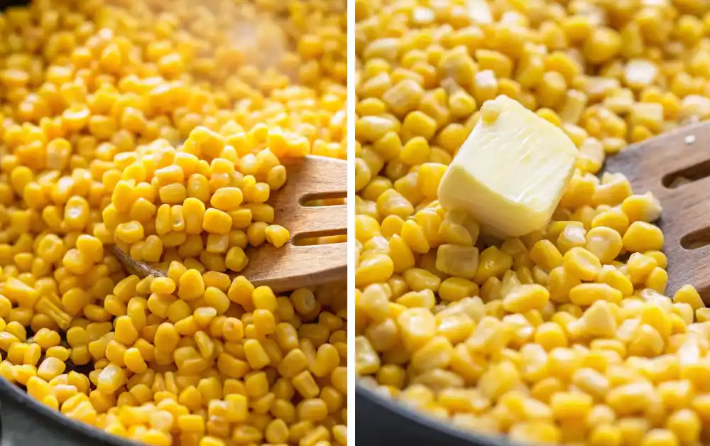 Side-by-side photos showing corn being sautéed in a skillet with a wooden spatula and a cube of butter melting on top.