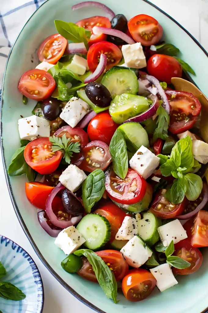 Traditional Greek salad with cherry tomatoes, cucumber, feta cubes, olives, red onion, and fresh herbs in a turquoise serving dish