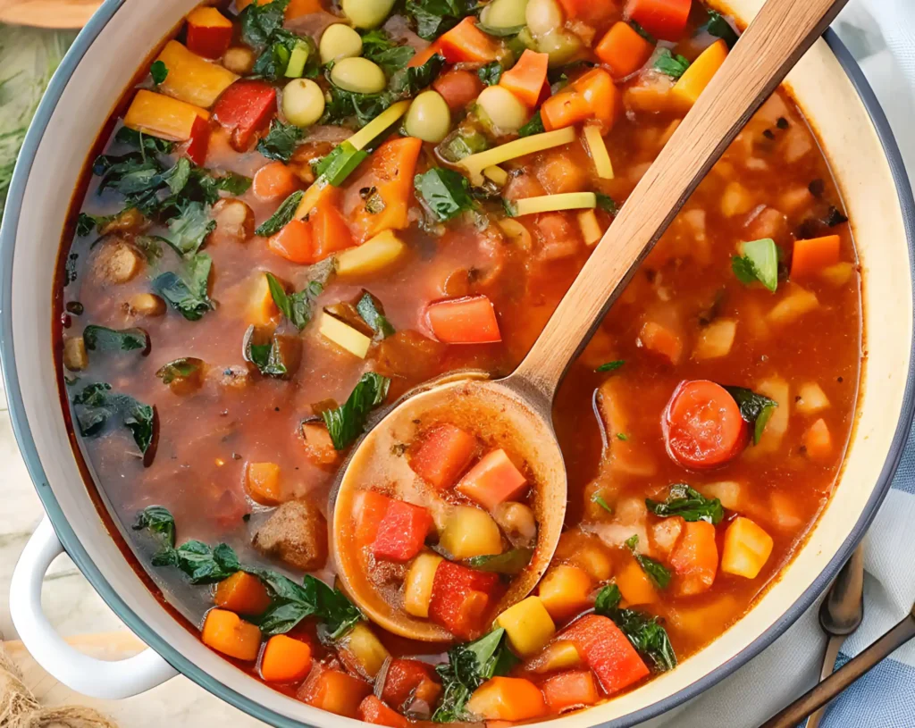 Hearty vegetable soup in a large pot with a wooden ladle, filled with carrots, tomatoes, potatoes, greens, and beans in a rich tomato broth.