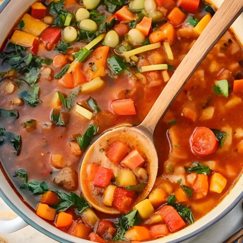 Hearty vegetable soup in a large pot with a wooden ladle, filled with carrots, tomatoes, potatoes, greens, and beans in a rich tomato broth.