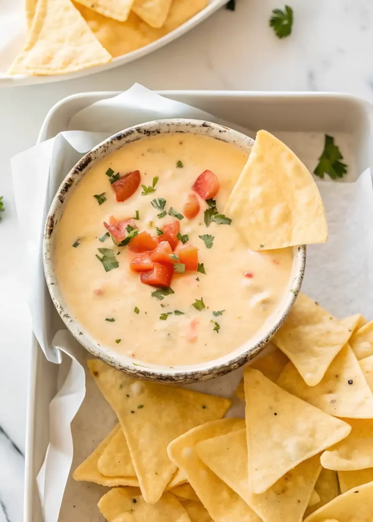 Bowl of creamy queso dip topped with tomatoes and cilantro, served with tortilla chips on a tray.