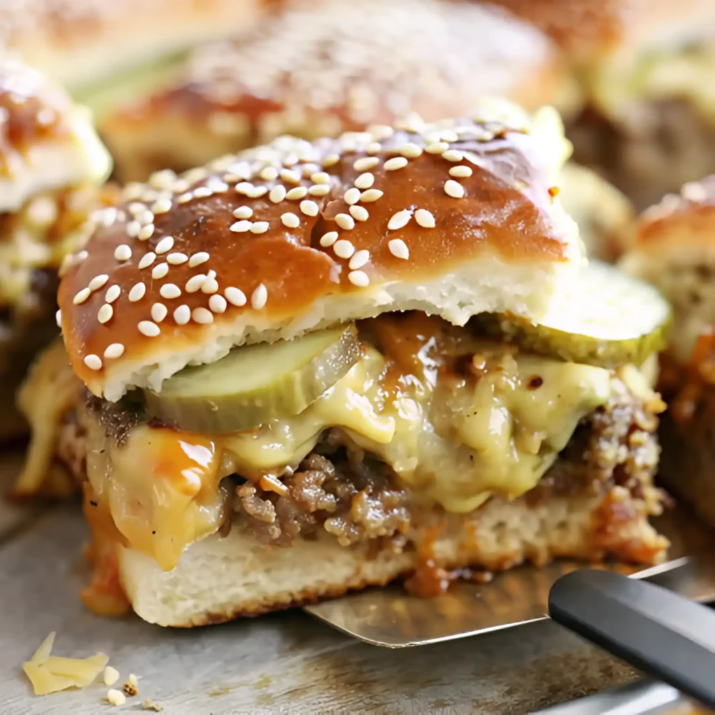 Close up cheeseburger slider with melted cheese, beef and pickles inside a sesame seed bun lifted on a spatula.