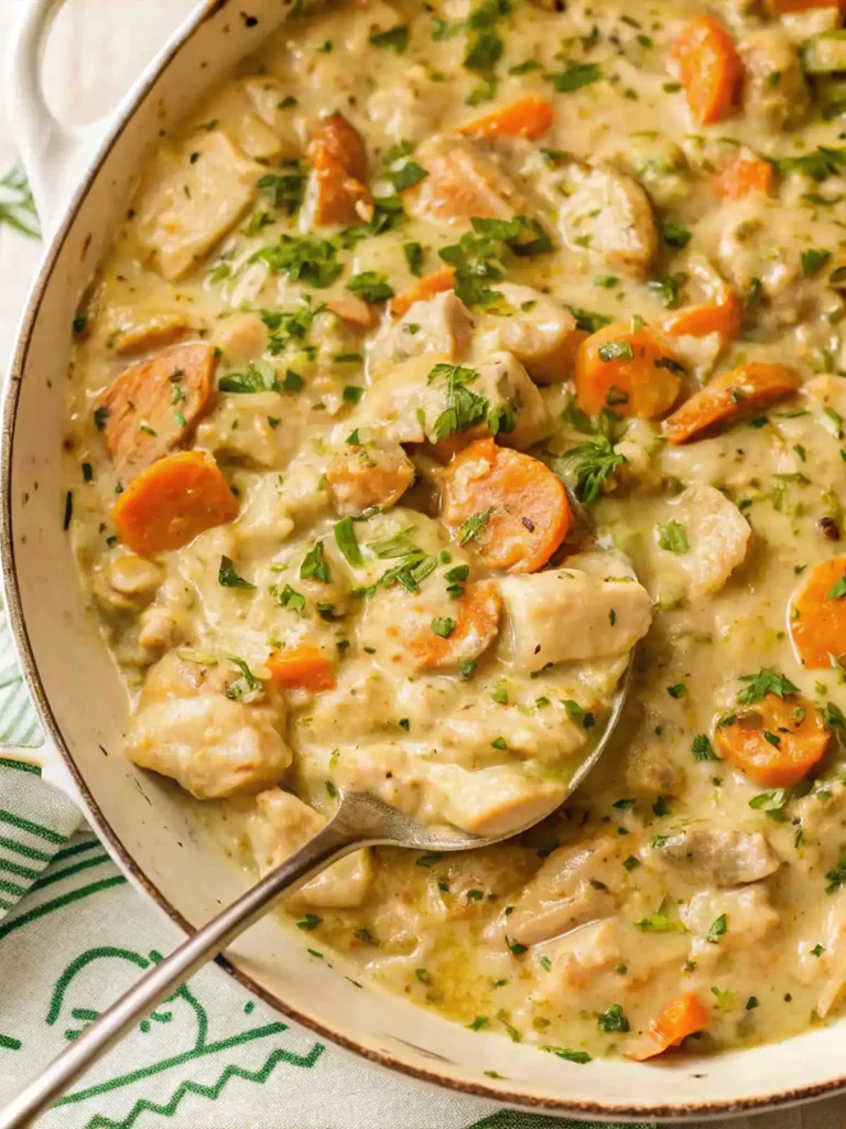 Spoon scooping creamy chicken casserole with carrots and herbs from a white Dutch oven.