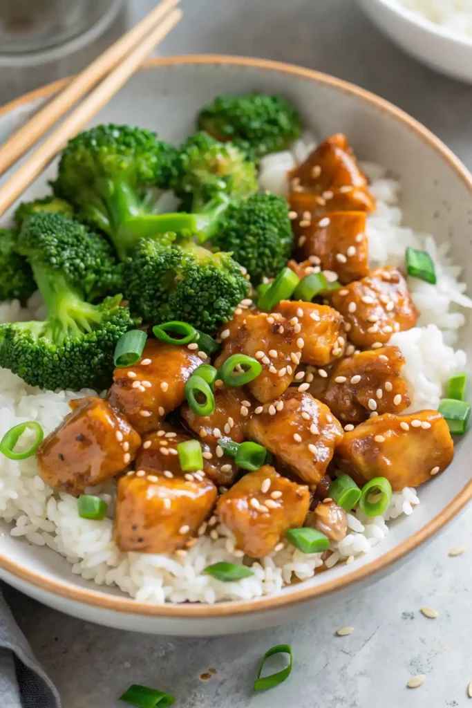 Bowl of chicken teriyaki stir fry served with white rice and steamed broccoli, topped with sesame seeds and chopped green onions.