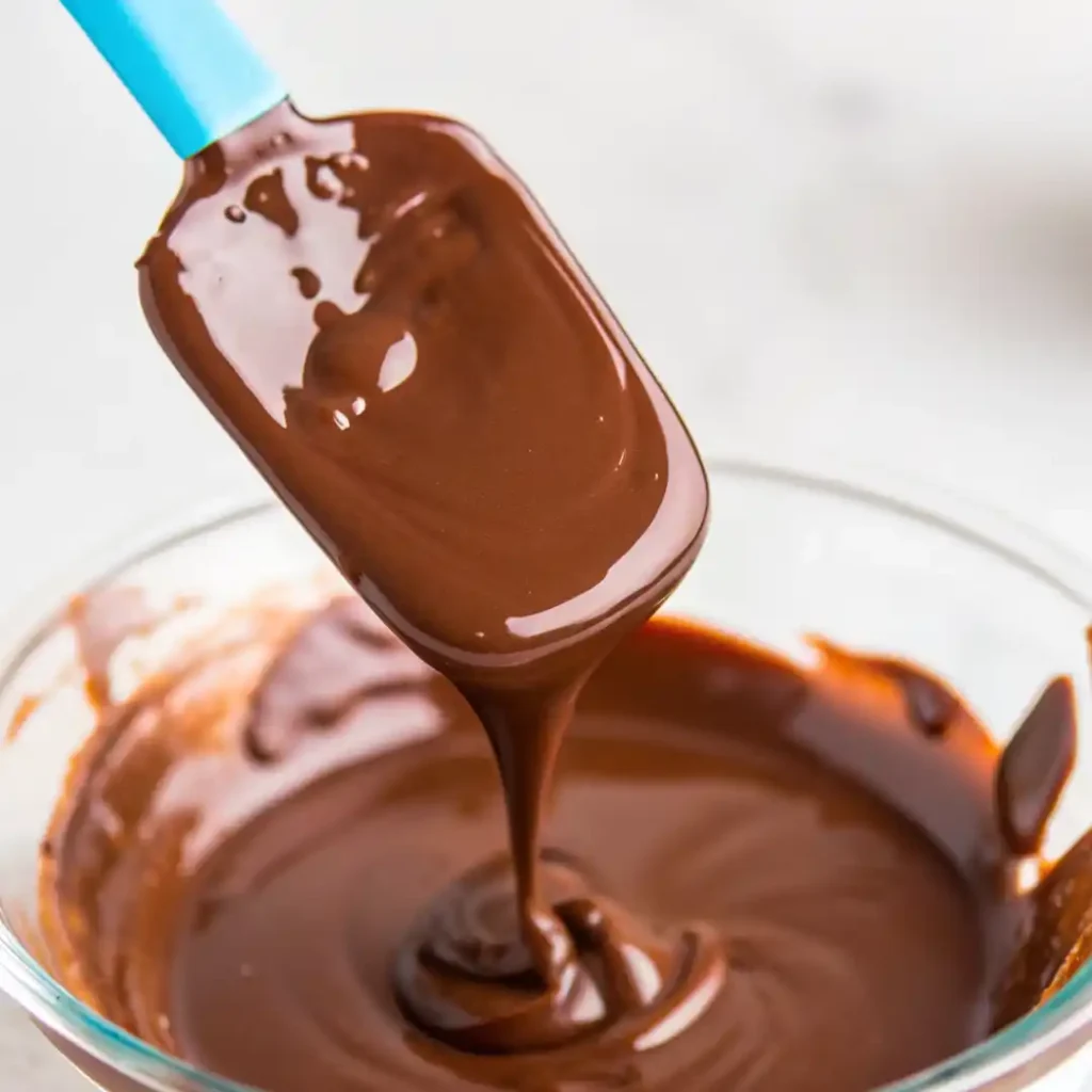 Melted chocolate stirred with a blue spatula in a glass bowl for dipping strawberries