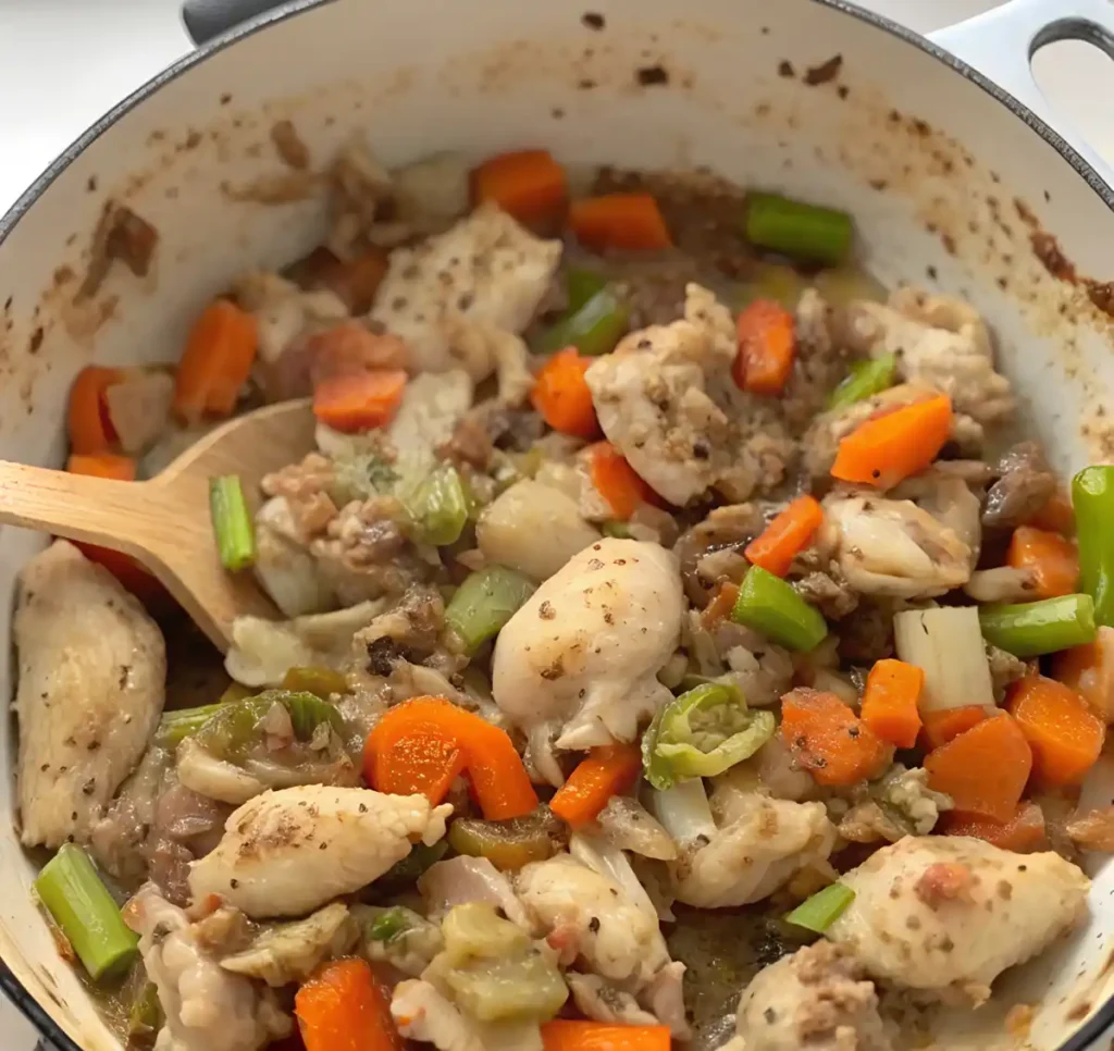Uncooked chicken casserole with chopped carrots, celery, onions, and herbs in a white Dutch oven.