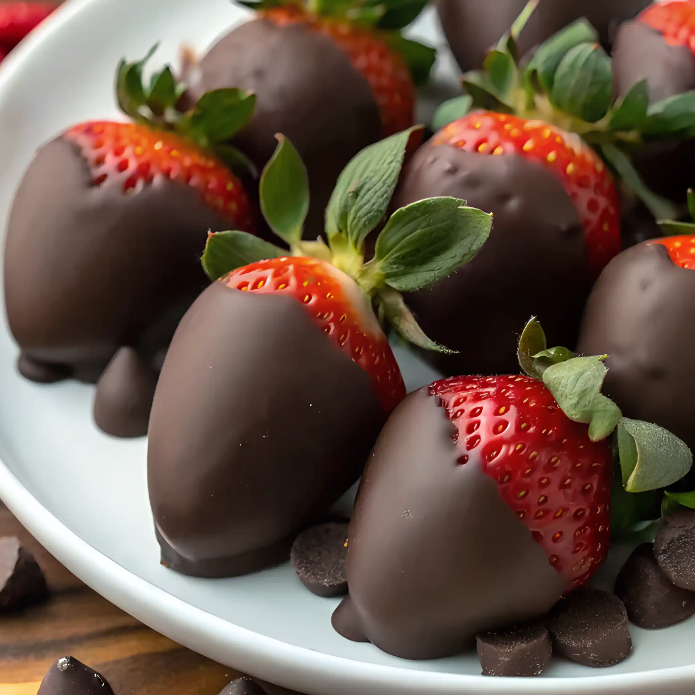 Close-up of dark chocolate covered strawberries on a white plate with chocolate chips