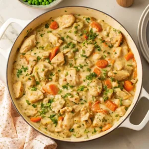 Creamy chicken casserole with carrots and herbs in a white Dutch oven, garnished with fresh parsley.