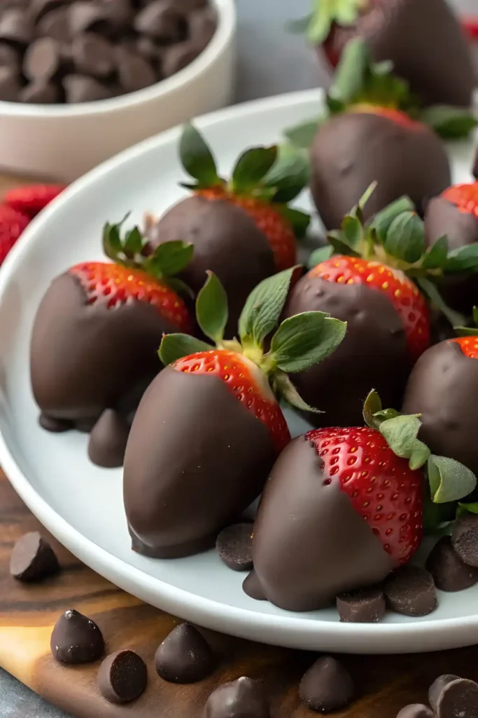 Easy homemade chocolate strawberries on a white plate with dark chocolate chips