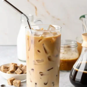Creamy iced coffee in a tall glass with ice cubes and a metal straw, made with milk and chilled coffee on a light kitchen counter.