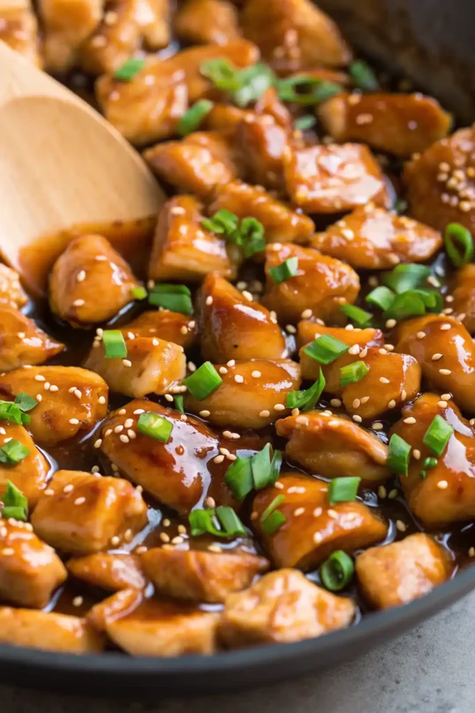 Close-up of teriyaki chicken pieces in a thick, glossy sauce, topped with sesame seeds and chopped green onions in a skillet.