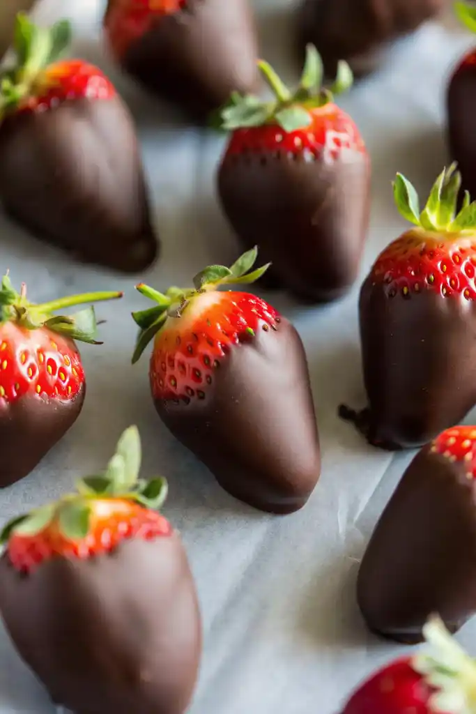 Gourmet chocolate dipped strawberries arranged on parchment paper for cooling