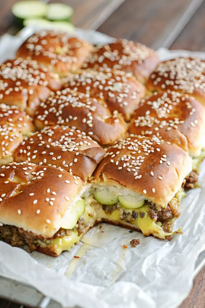 Cheeseburger sliders recipe baked as a full pull apart tray with golden sesame seed buns, melted cheese, beef and pickles on parchment paper.