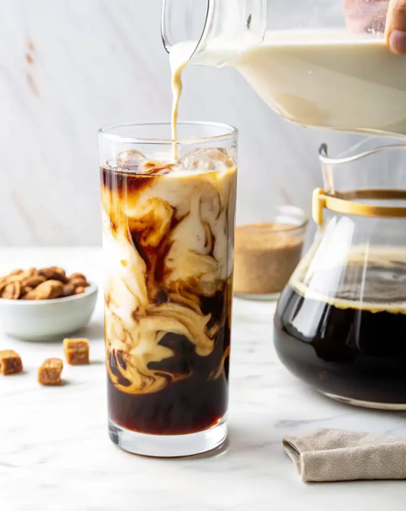 Milk being poured into a tall glass of iced coffee with ice cubes, creating creamy swirls over dark coffee on a white kitchen counter.