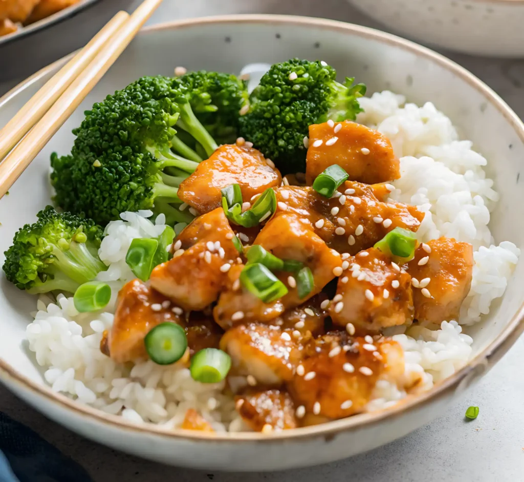 Bowl of teriyaki chicken served over white rice with steamed broccoli, topped with sesame seeds and chopped green onions.